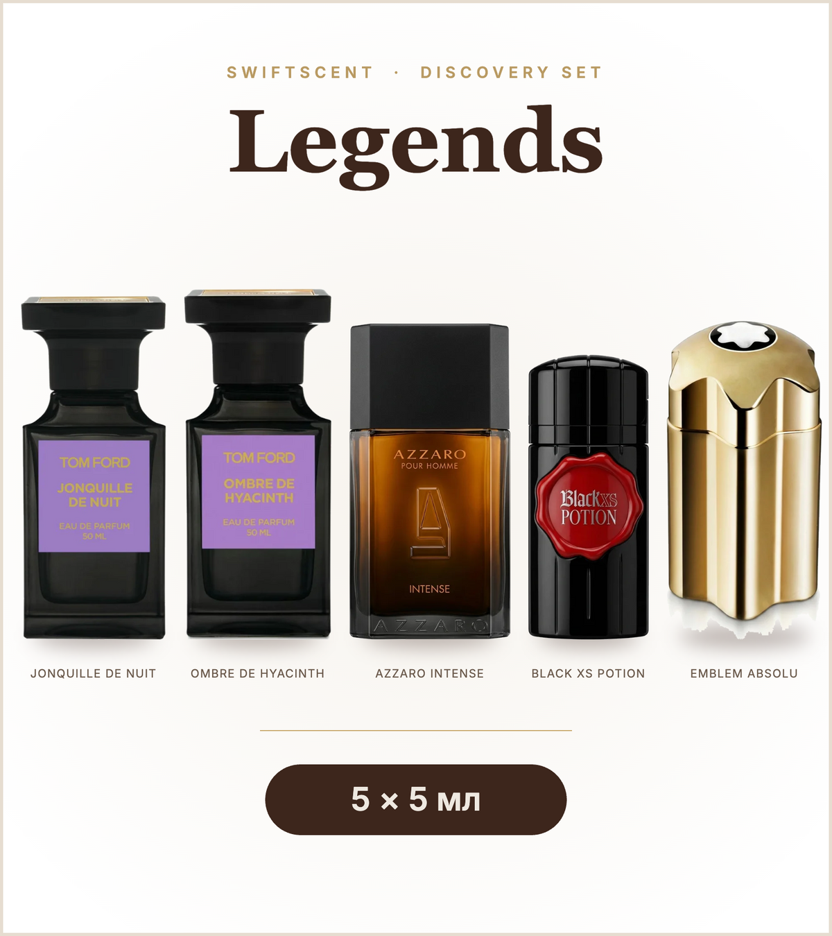 Legends Discovery Set: 5 perfume decants of 5 ml Jonquille de Nuit, Ombre de Hyacinth, Azzaro Intense, Black XS Potion, Emblem Absolu | SwiftScent