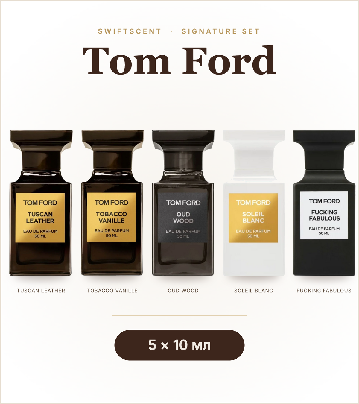 Tom Ford Signature Set: 5 парфюмни отливки по 10 мл Tuscan Leather, Tobacco Vanille, Oud Wood, Soleil Blanc, Fucking Fabulous | SwiftScent
